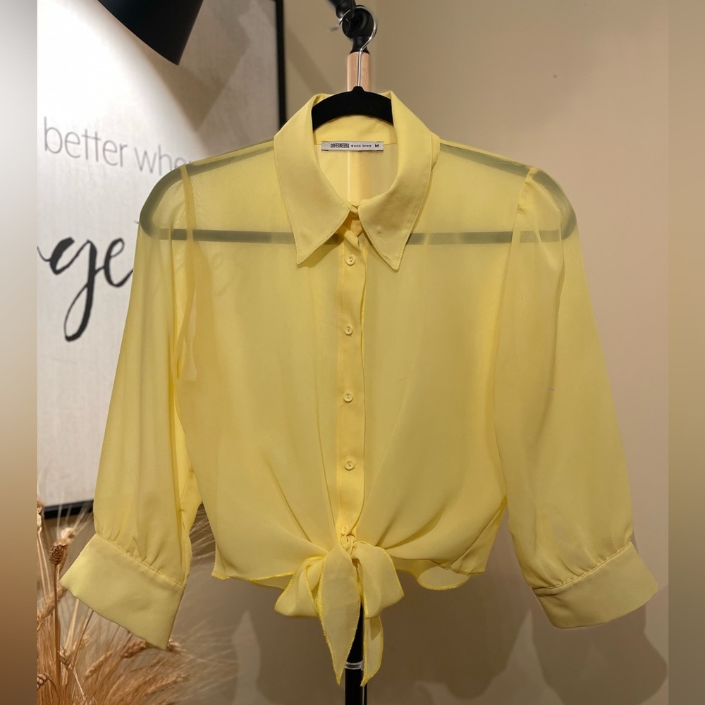 Women's Chic Half-Sleeved Chiffon-Mesh Button Down Yellow Shirt-Blouse-Top